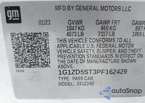 2023 Chevrolet Malibu Lt z USA, uszkodzony, nr VIN 1G1ZD5ST3PF162429